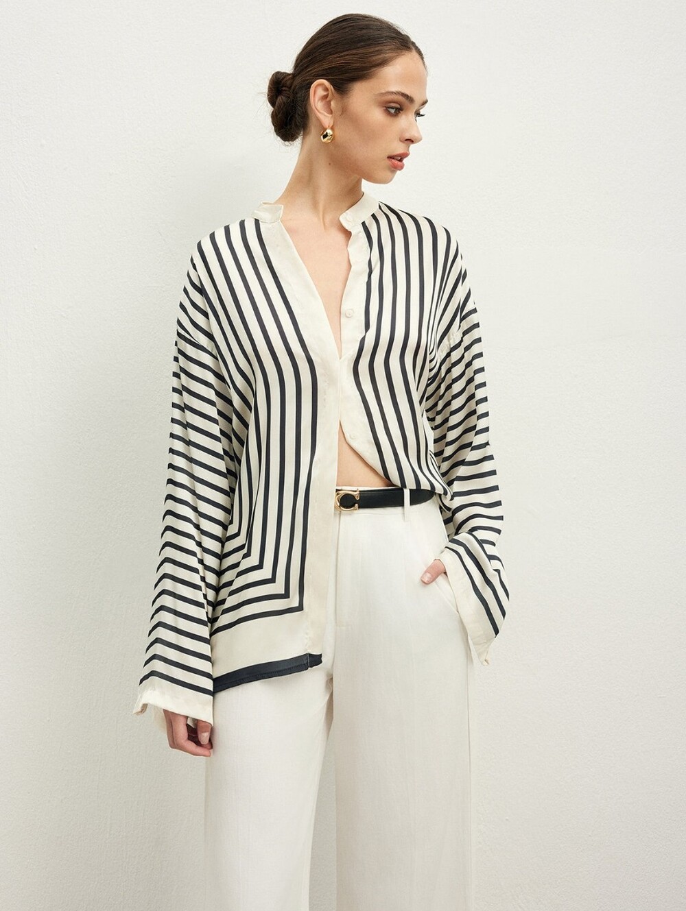 Oversized Satin Striped Button Down Blouse - Picture 4 of 9